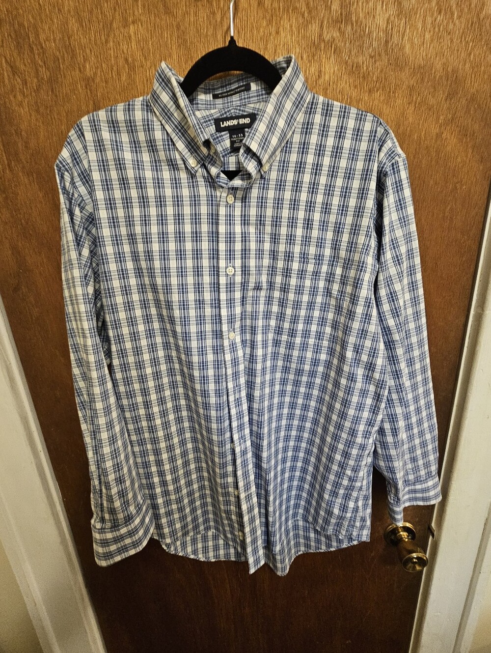 Lands' End 16 33 No Iron Supima Cotton Blue/White Plaid Button-Down Shirt